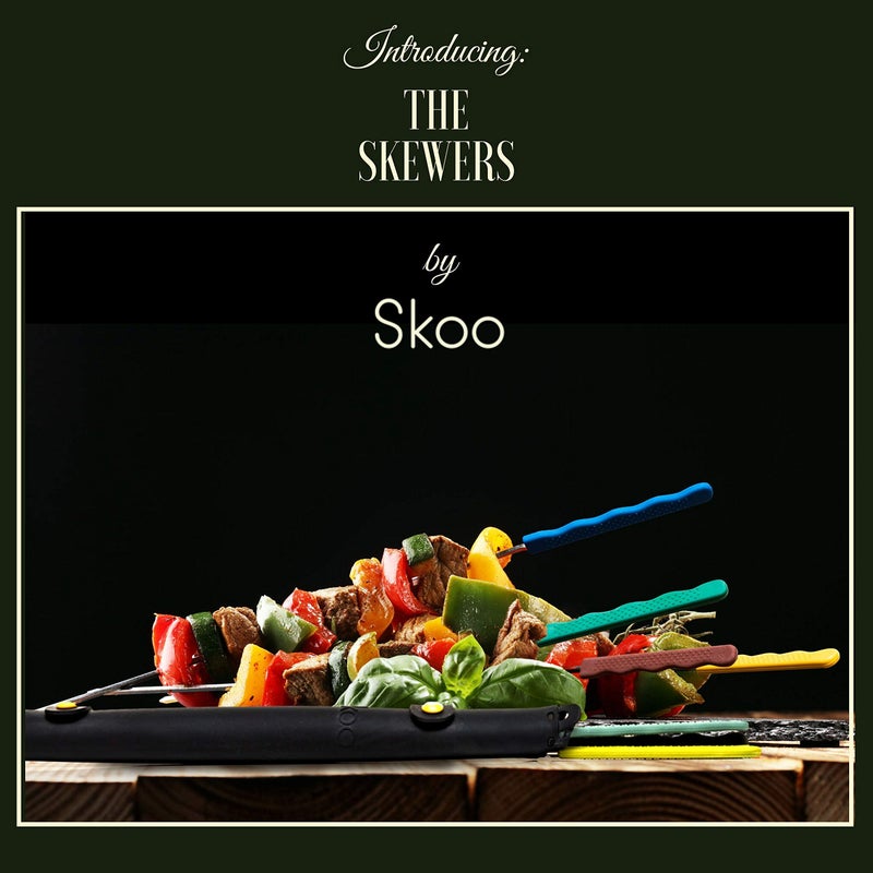 Skoo Barbecue Skewers Set - 7 Silicone Handled Stainless Steel BBQ Skewers + Silicone Storage Bag - 14" Flat Metal Shish Kebab Skewers for Grilling - Reusable Grill Kabob Skewer Sticks + Rollable Bag - Image 2